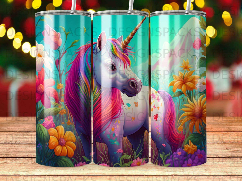 Unicorn with rainbow mane and tail among colorful flowers.