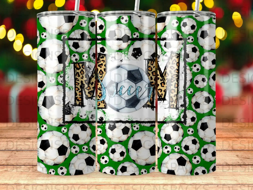 Soccer MOM tumbler with leopard print and soccer balls.