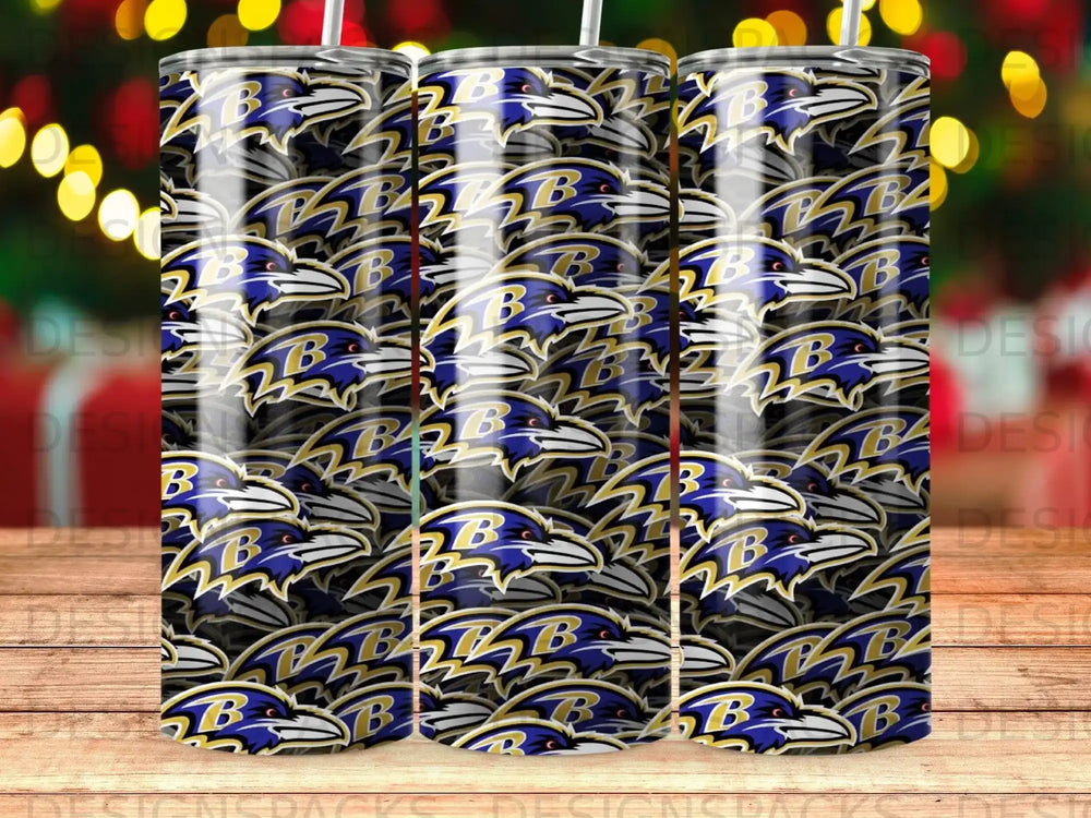 Three tumblers with a repeating Baltimore Ravens logo pattern.