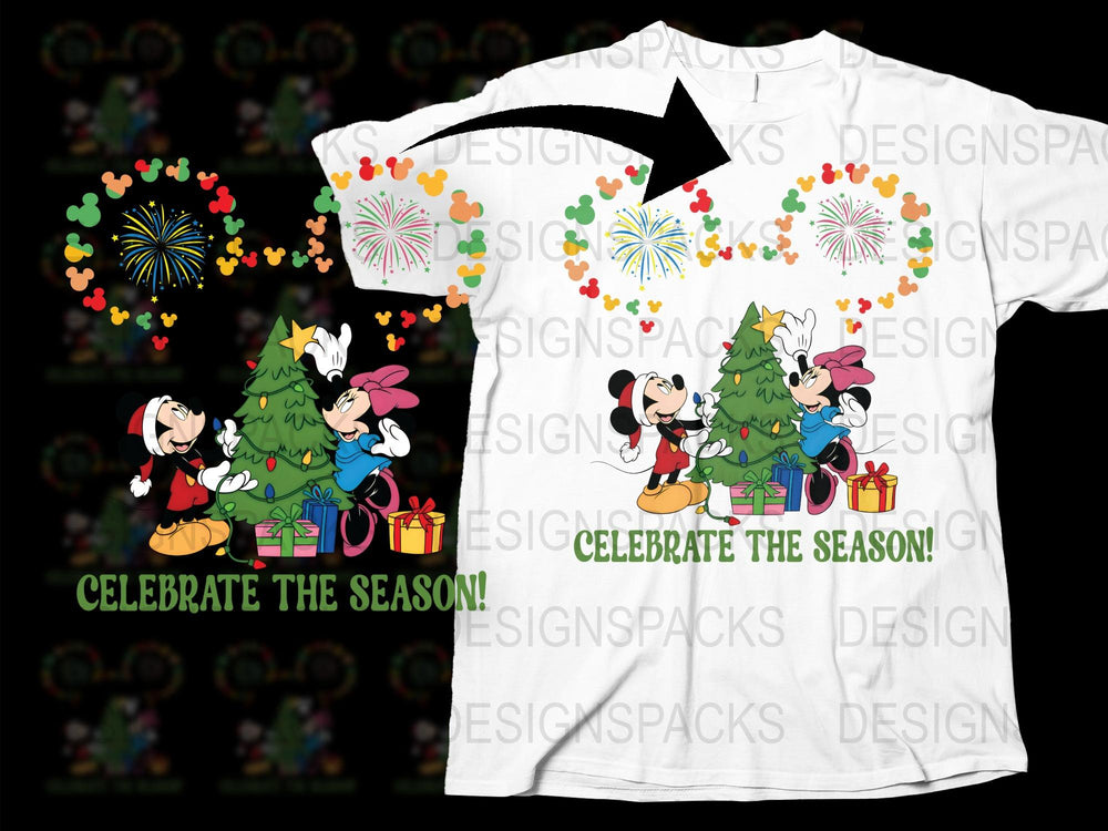 Disney Christmas T-Shirt Mickey and Friends Holiday Celebration Fireworks Graphic Tee