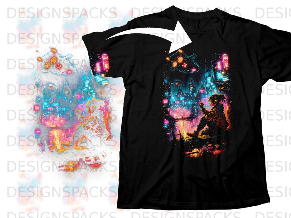 Black t-shirt with futuristic city graphic and flying vehicles.
