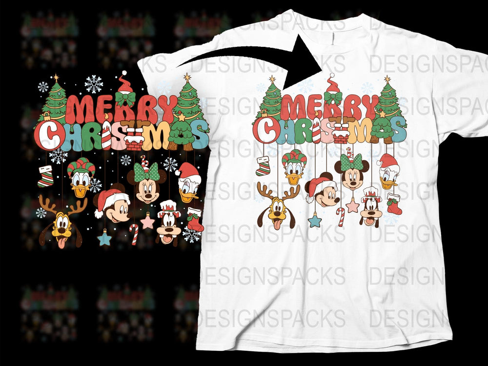 Merry Christmas T-Shirt with Cartoon Reindeer and Trees, Festive Holiday Apparel for All Ages