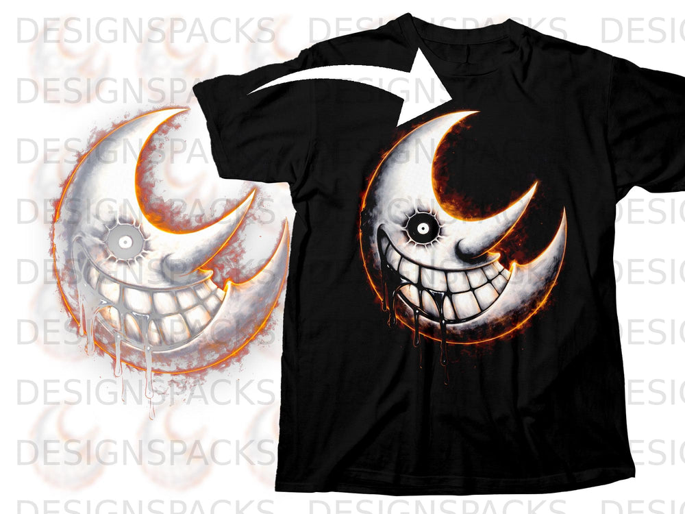 Black t-shirt with a smiling moon graphic with dripping effects and orange glow.