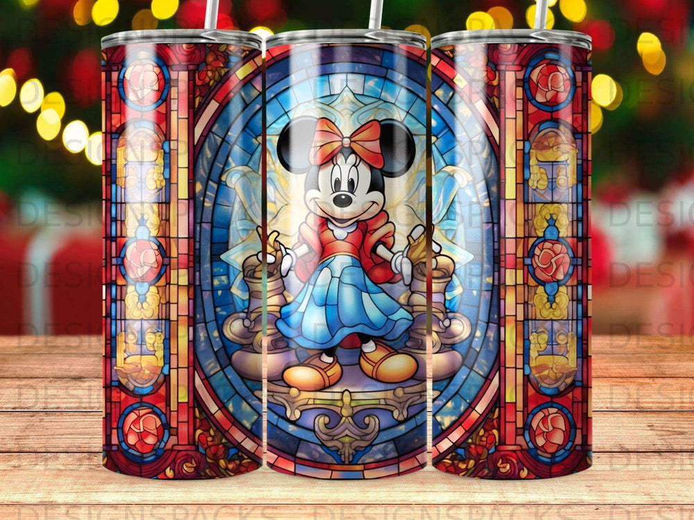 Stained glass Minnie Mouse with jewel-toned border on a tumbler.