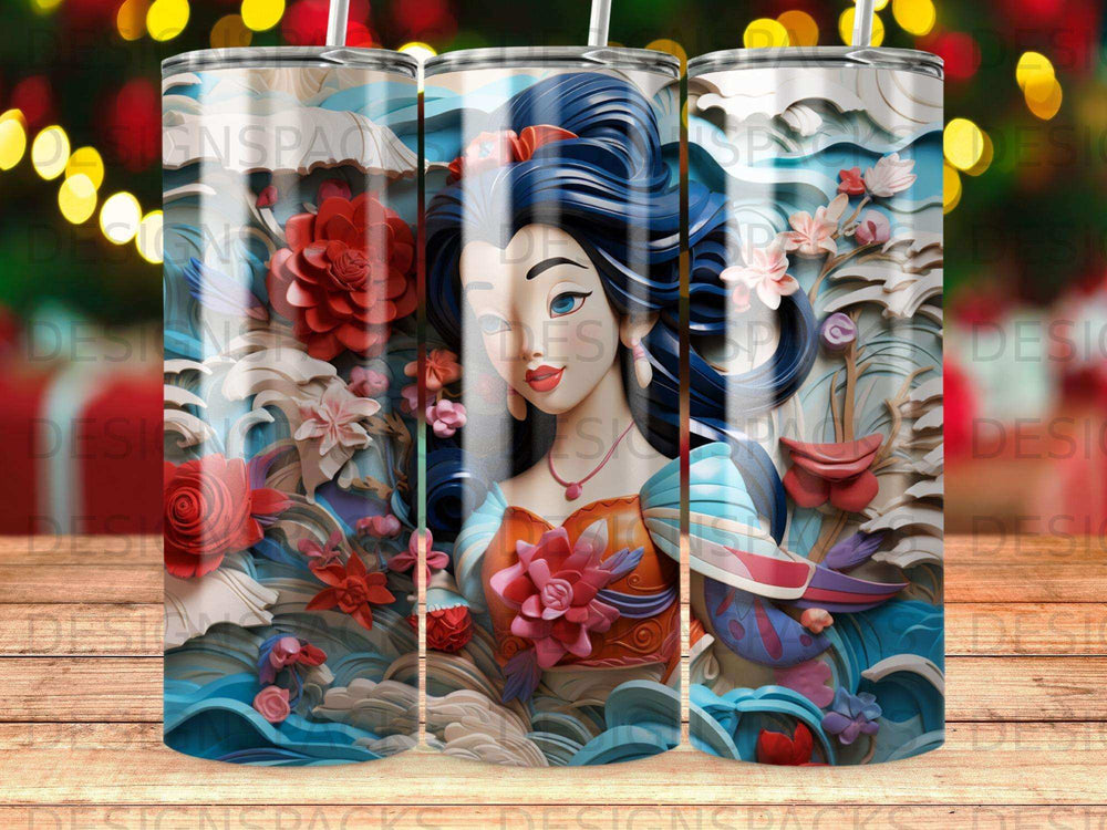 Asian woman with dark hair and floral dress, intricate blue and red background.