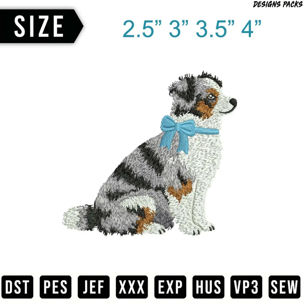 Australian Shepherd dog embroidery design in multiple sizes.