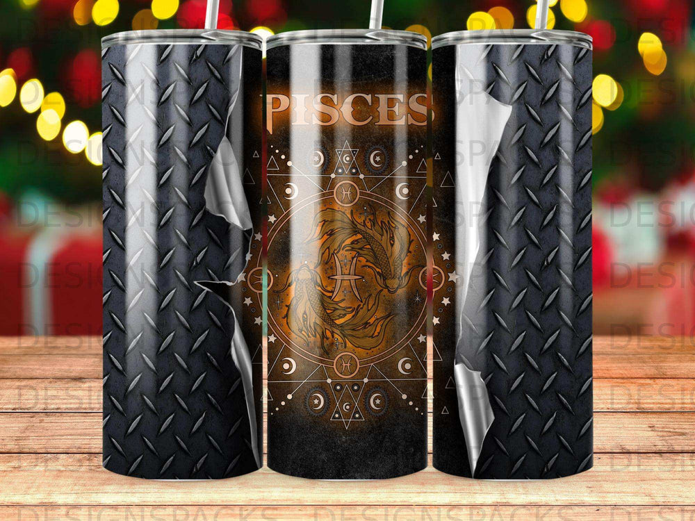 Pisces constellation design on a black and orange tumbler with diamond plate texture.