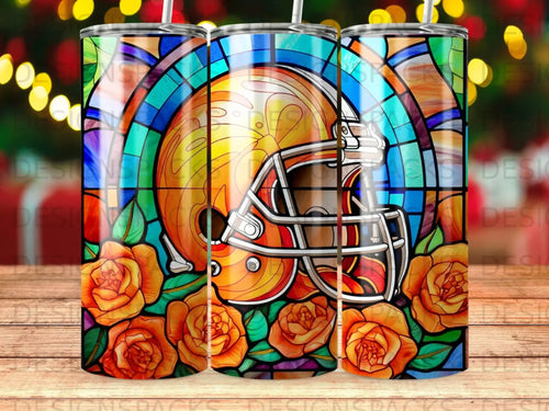Football helmet with orange roses and stained glass pattern.