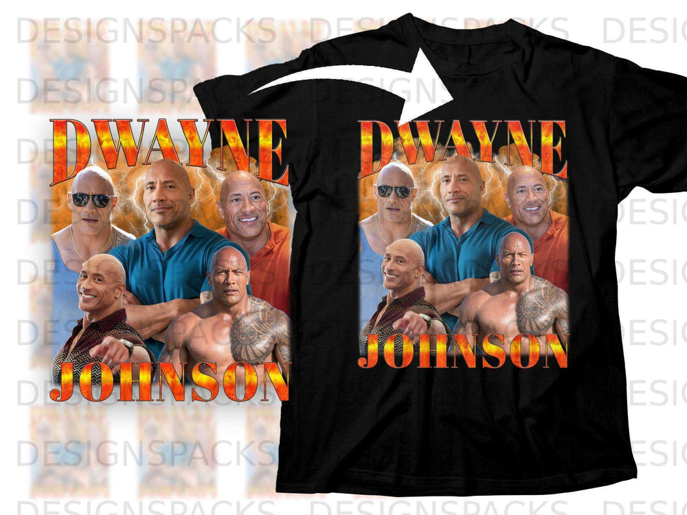 Dwayne Johnson collage shirt with his face and torso shown.