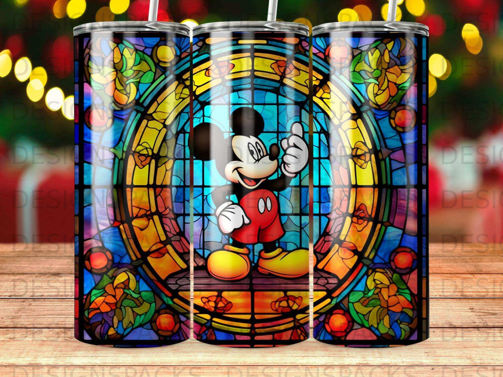 Mickey Mouse giving a thumbs up in front of stained glass.