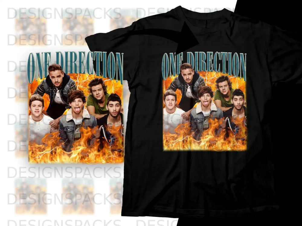 One Direction band members in a collage with flames.