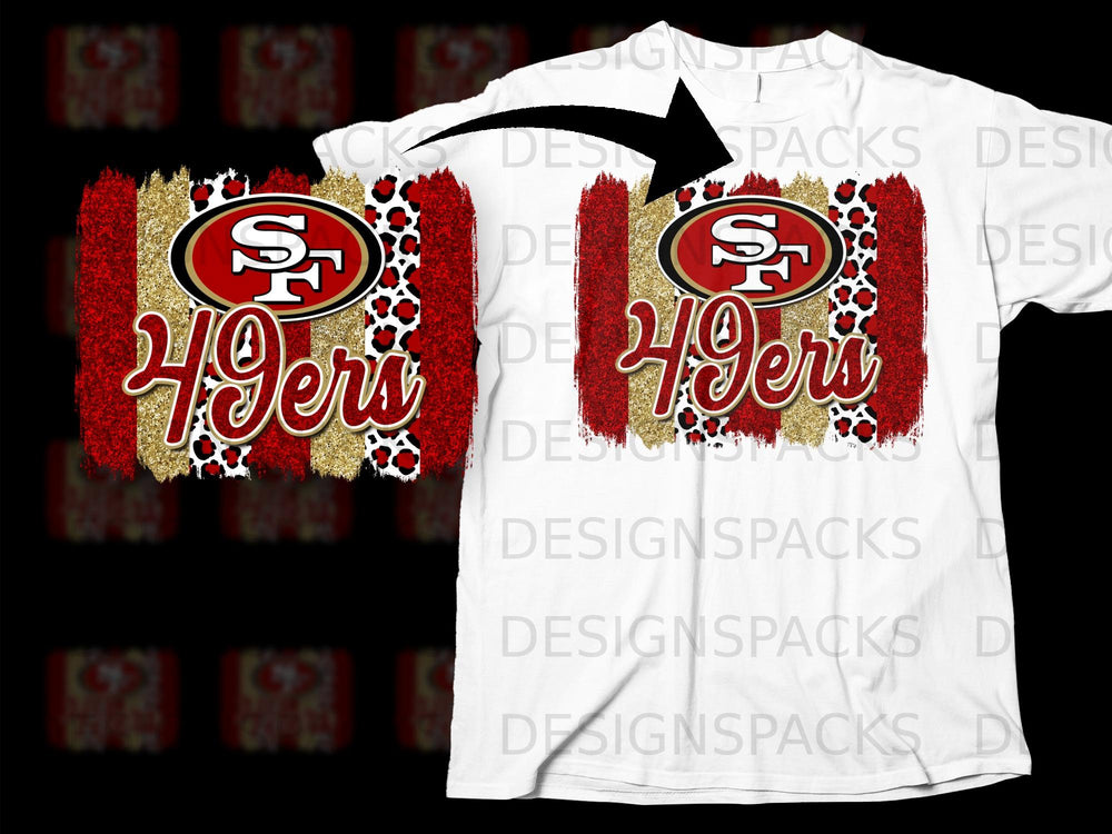 San Francisco 49ers logo with leopard print and distressed red and gold stripes on a white t-shirt.