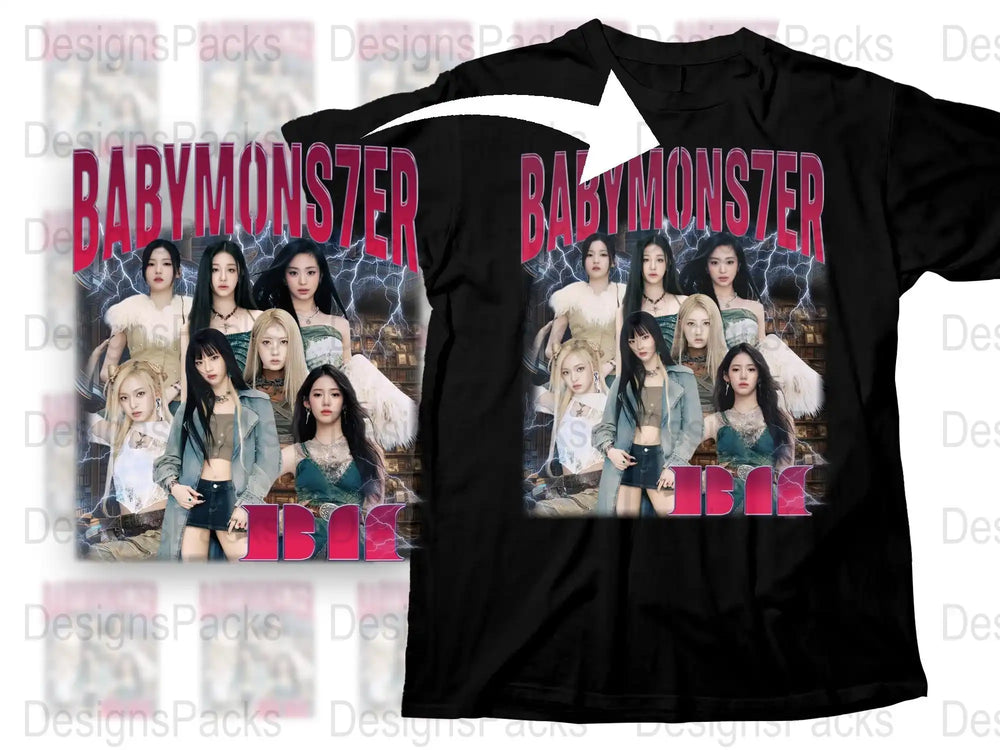 BabyMonster Band Graphic T-Shirt, K-Pop Music Fan Merchandise, Angel Wings Print, Black Cotton Tee, Unisex Fashion