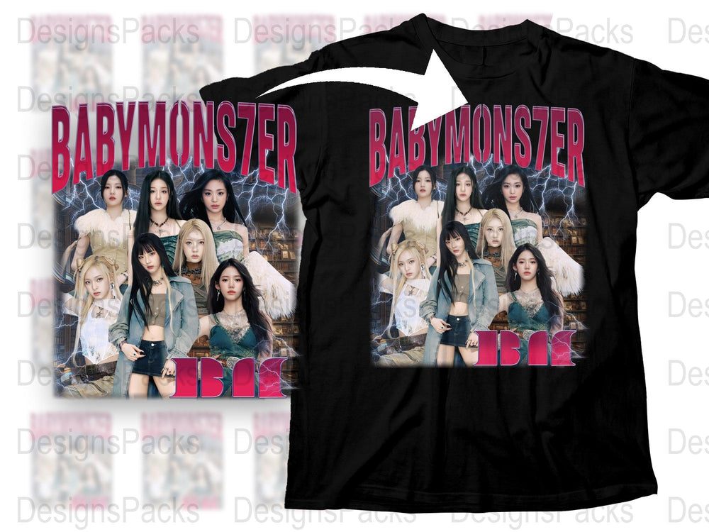 BabyMonster Band Graphic T-Shirt, K-Pop Music Fan Merchandise, Angel Wings Print, Black Cotton Tee, Unisex Fashion