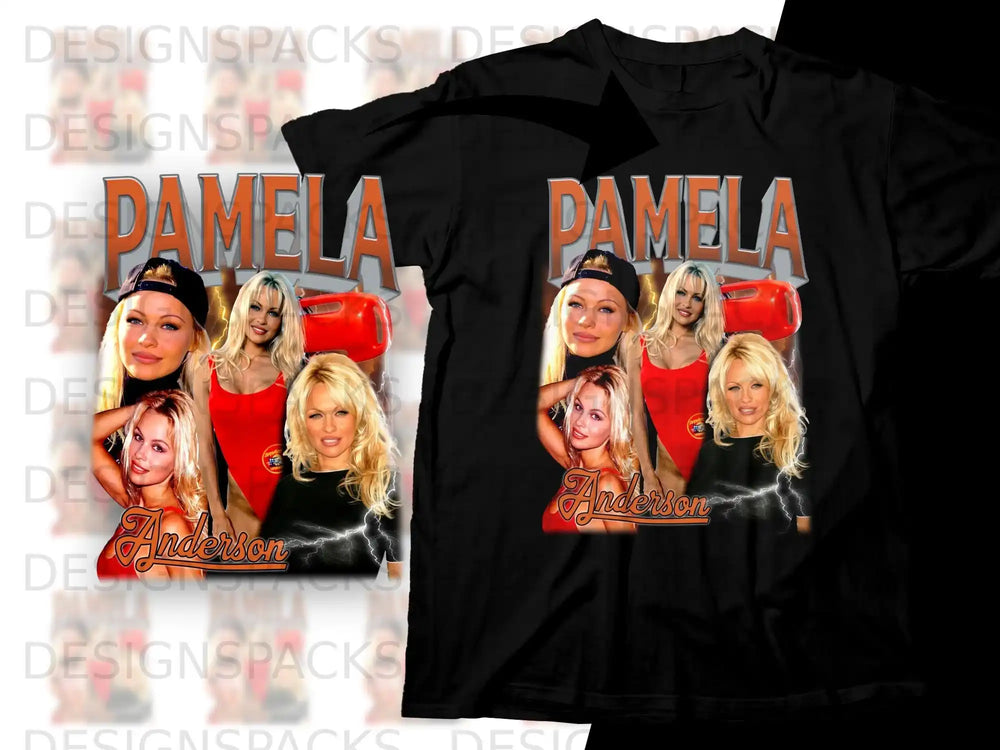 Black t-shirt featuring a graphic of Pamela Anderson in a red swimsuit.