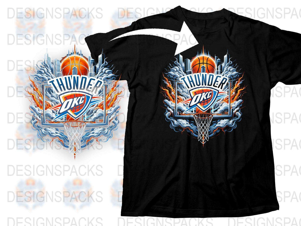 OKC Thunder Basketball T-Shirt, Unisex Black Tee with Fiery Hoop Graphic Design, Sports Fan Apparel