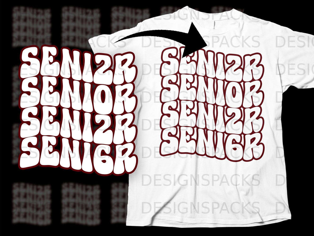 White t-shirt with repeating "SENIOR" text in maroon and white lettering.