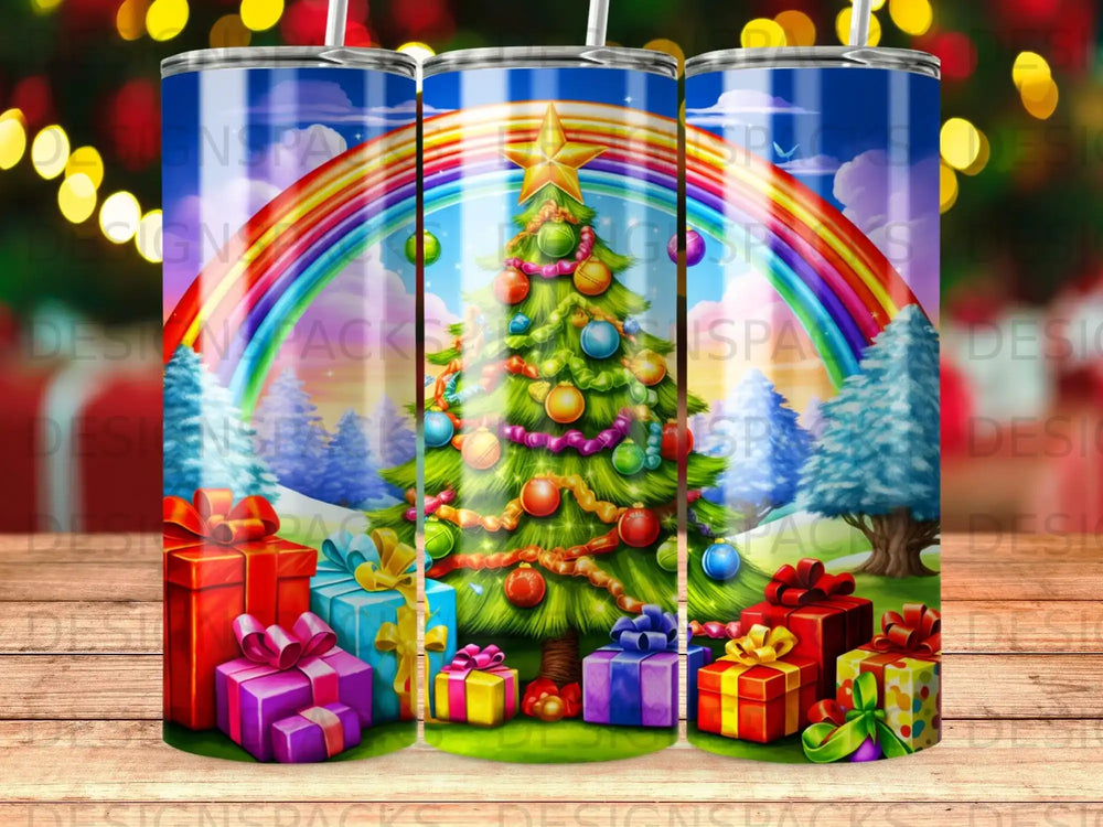 Christmas tree with gifts and rainbow backdrop on a patterned tumbler.