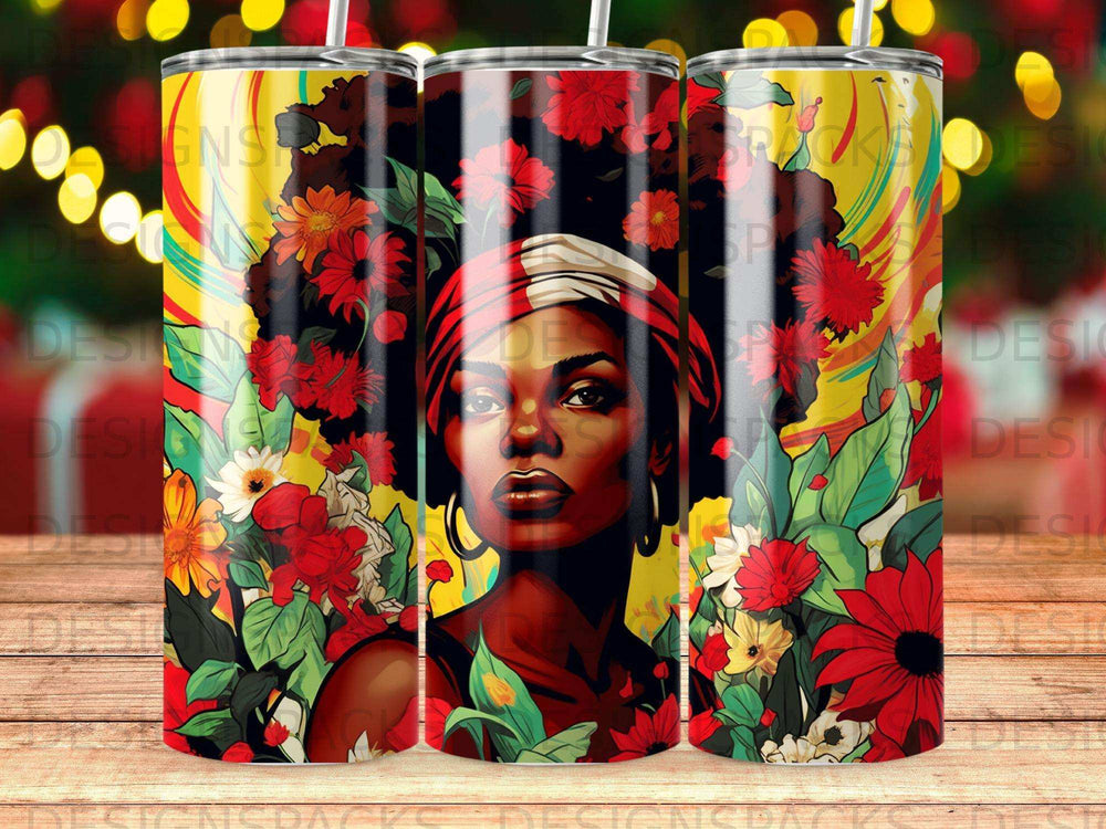 Woman with large afro surrounded by vibrant red and yellow flowers.