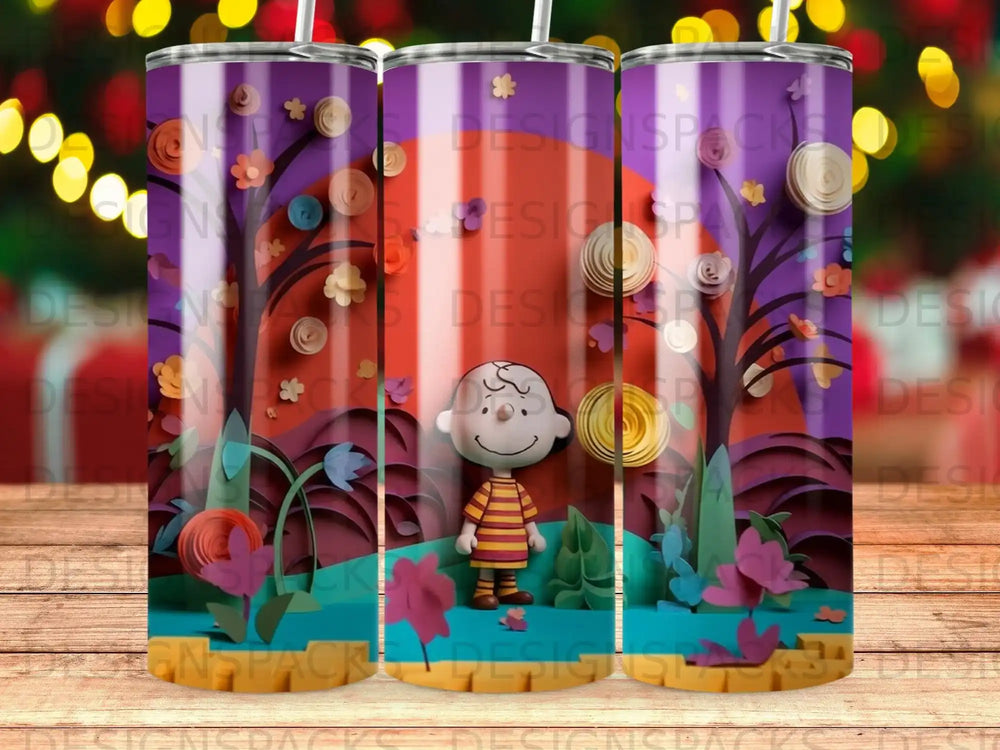 Charlie Brown standing in a colorful, layered paper craft forest scene.