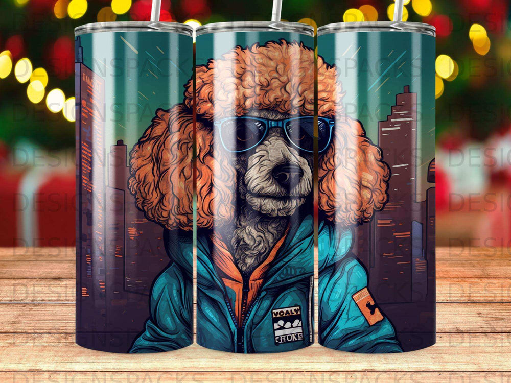 Poodle in sunglasses and jacket against a city skyline.