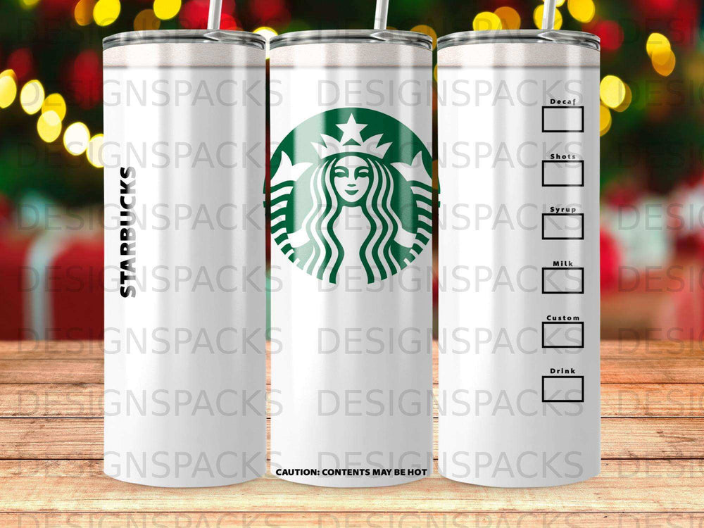 Starbucks tumbler with drink names and "Caution: Contents May Be Hot" warning.