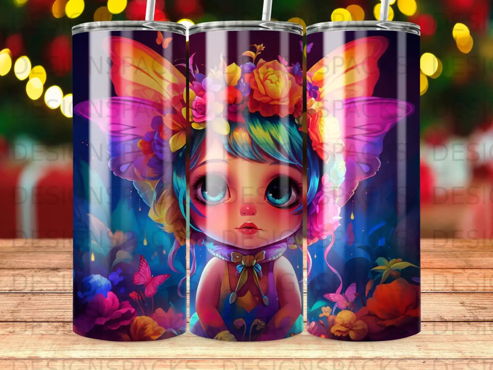 Fantasy art character with butterfly wings and floral headdress on a colorful background.