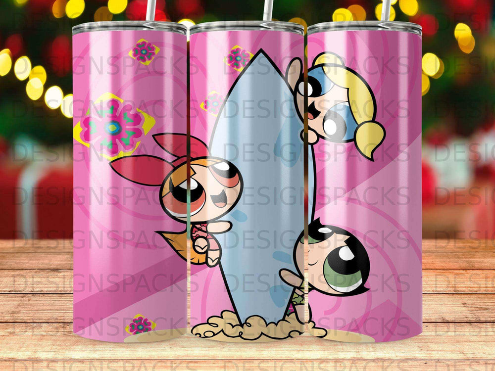 The Powerpuff Girls, Blossom, Bubbles, and Buttercup, on a pink tumbler.