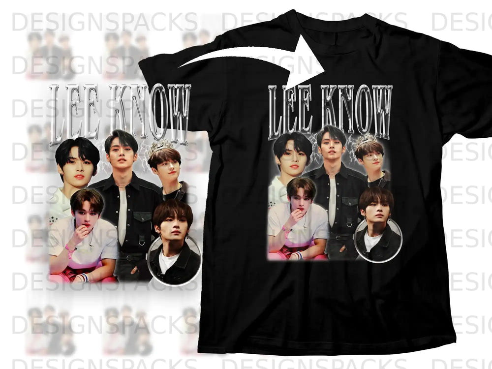 Black t-shirt with K-pop idol Lee Know's collage portrait and "LEE KNOW" text.