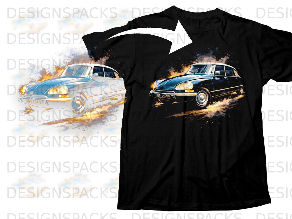 Black t-shirt with graphic of a classic car in motion with flames.