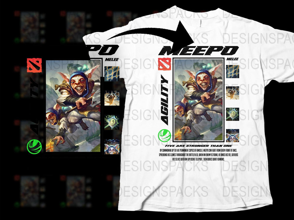 Meepo Dota 2 Gaming T-Shirt, White Tee, High-Quality Print, Unisex Geeky Apparel, Cool Gamer Gift, Multi-Character Design