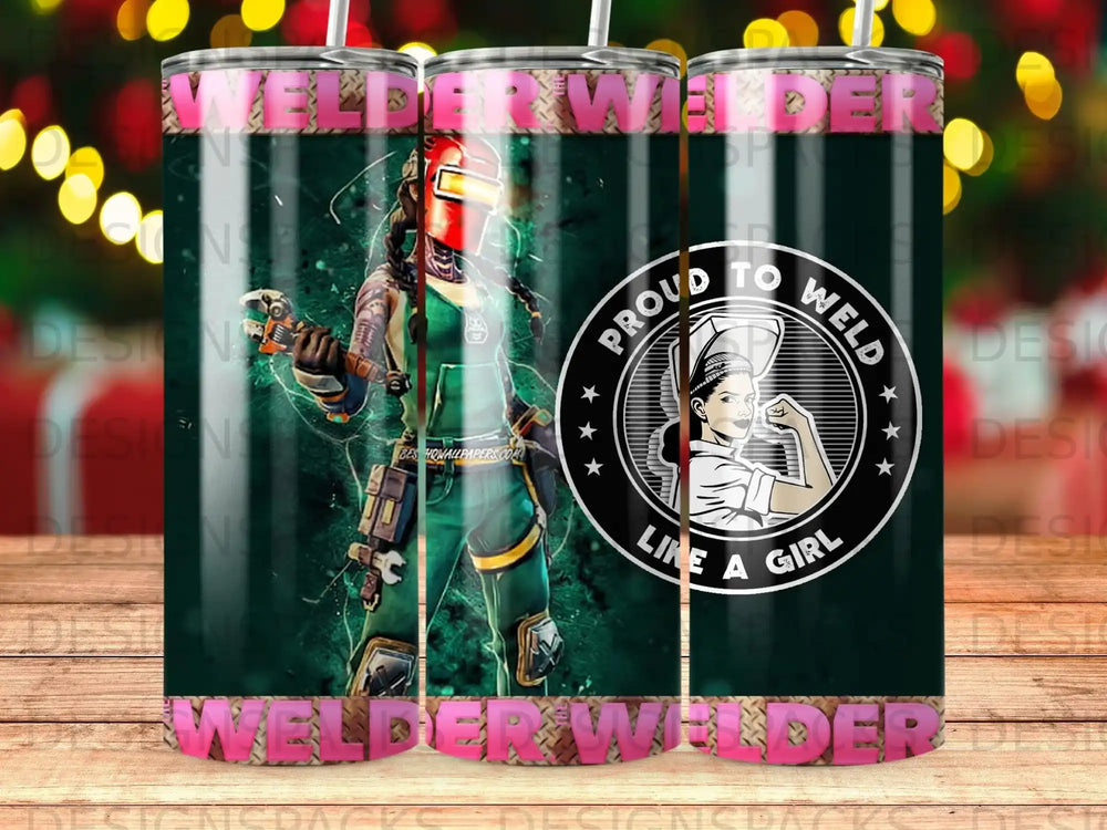 Proud to weld girl graphic on a pink tumbler, weldersparks.com logo.