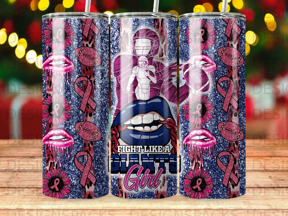 Tumbler with football player, lips, pink ribbons, and "Fight Like a Girl" text.