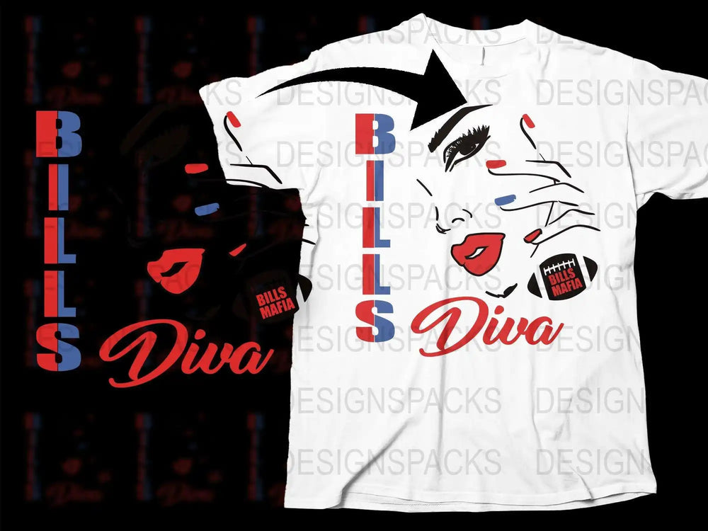 Buffalo Bills Diva T-Shirt, Red and White Sports Fan Apparel, Women's Football Tee, Unique Graphic Design Shirt