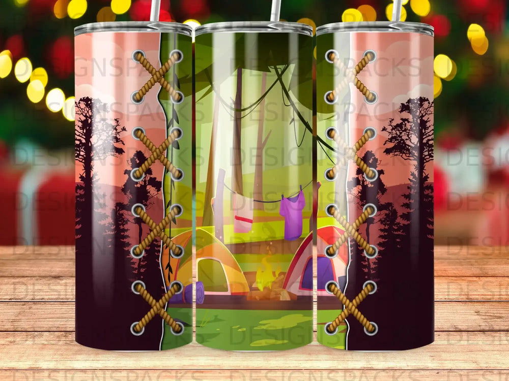 Camping scene with tents and trees on a tumbler wrap.