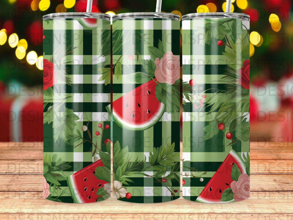 Green and white plaid tumbler with watermelon slices and pink roses.