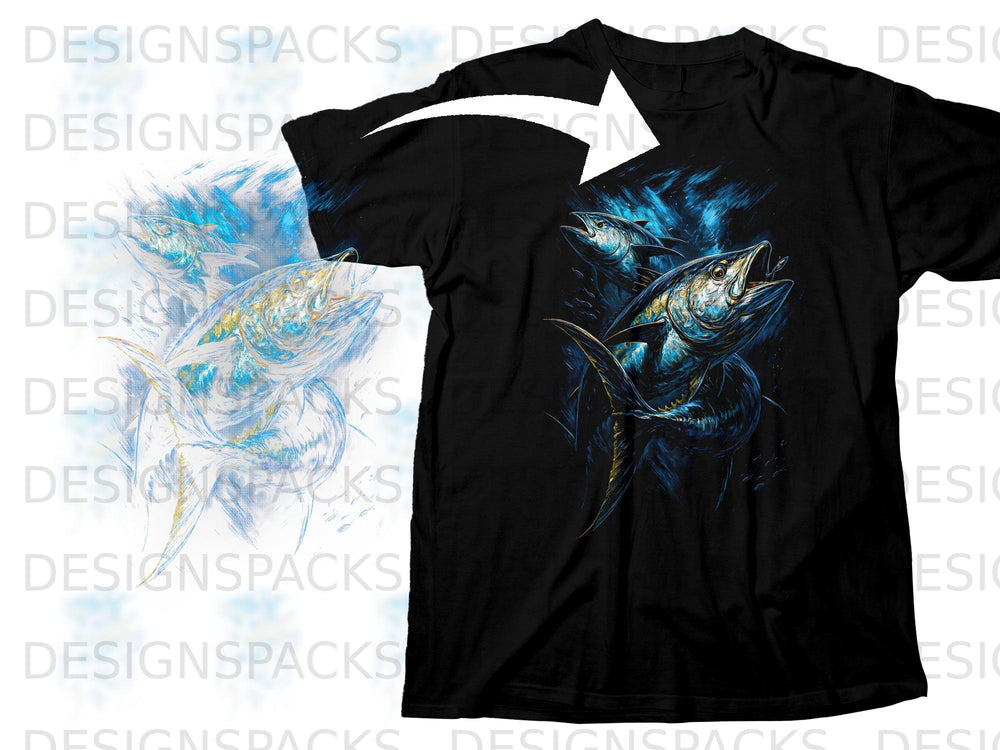 Black t-shirt with a graphic of three tuna fish in blue and yellow water.