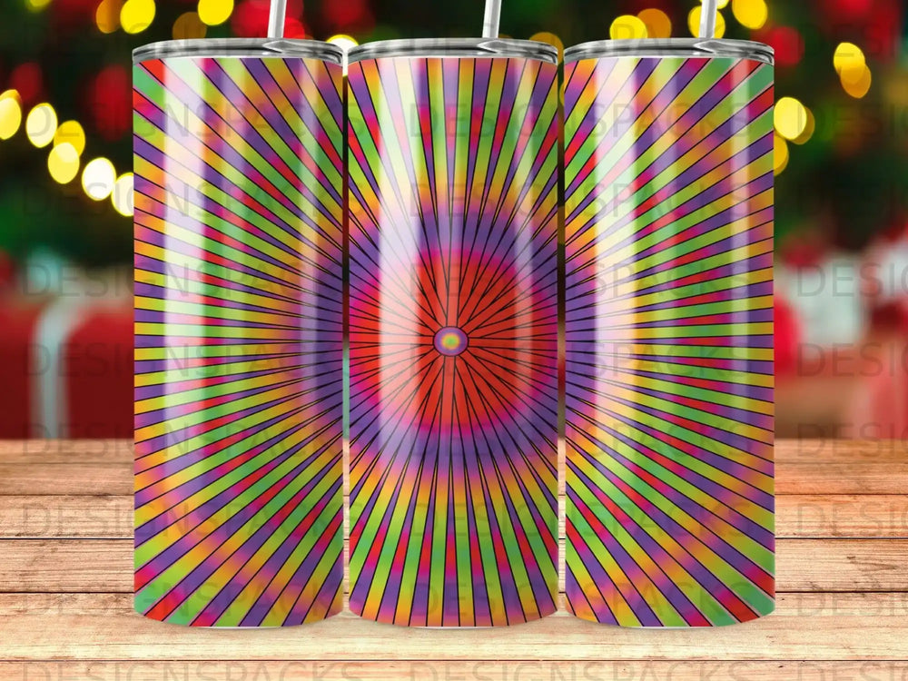 Three tumblers with a psychedelic sunburst pattern in vibrant colors.