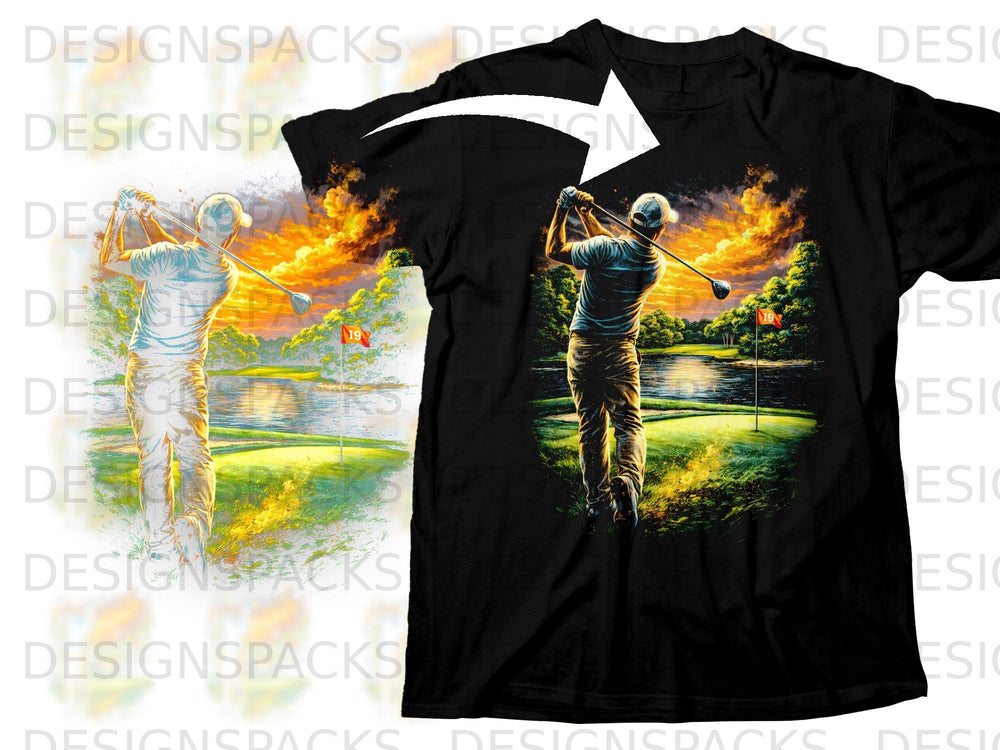 Black t-shirt featuring a golfer swinging at sunset with a golf course and water.