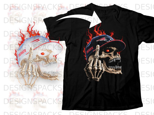 Black t-shirt featuring a flaming skull wearing a Patriots cap giving the middle finger.