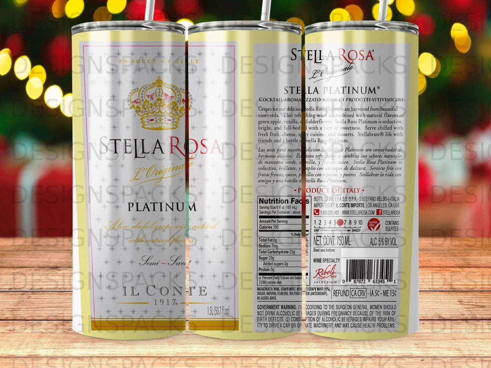 Stella Rosa Platinum semi-sweet wine bottle with Italian text and nutrition facts.
