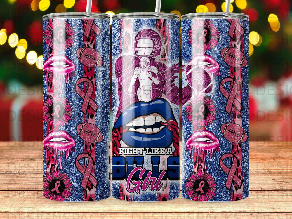 Glitter tumbler with football, lips, and ribbon graphics, featuring text "Fight Like A Girl."