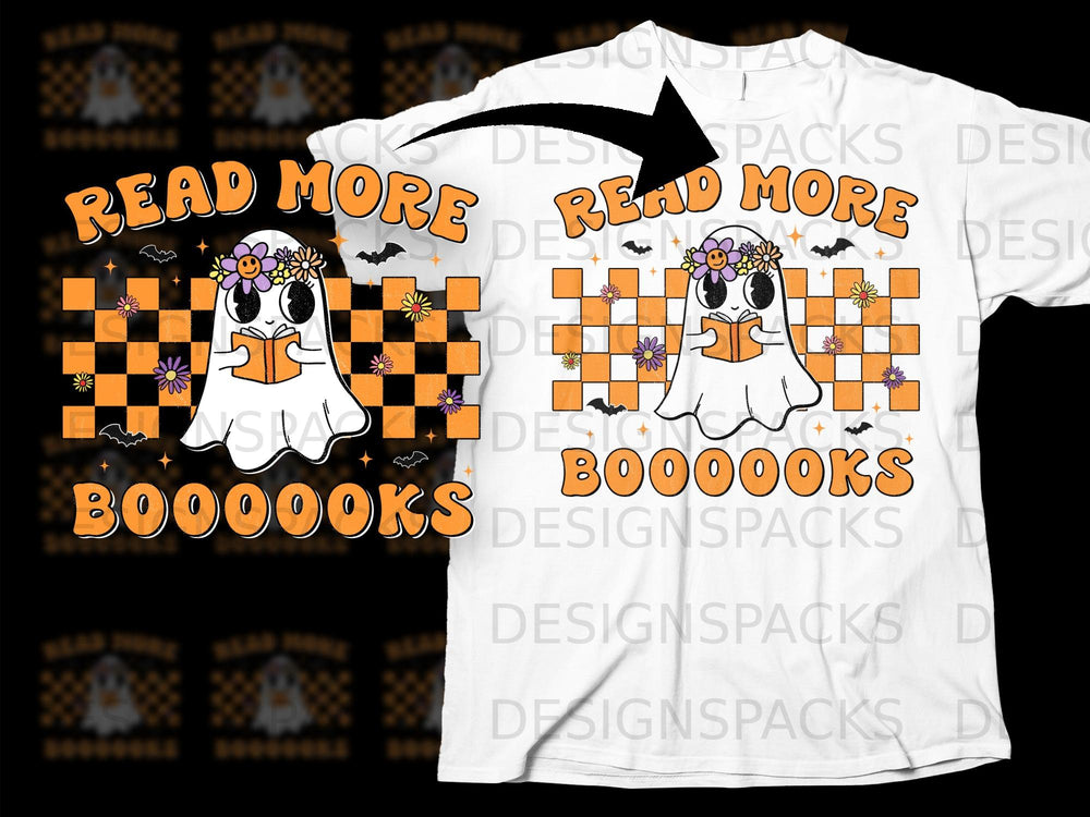 Ghost reading a book with text "Read More Boooooks" on checkered background.