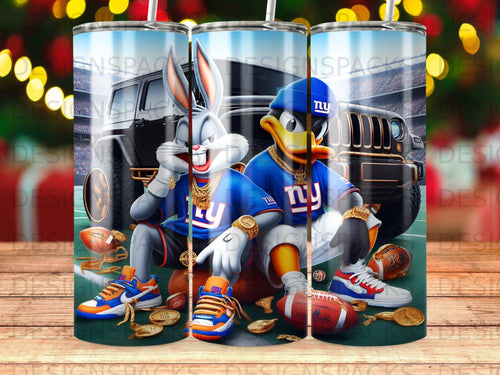 Bugs Bunny and Daffy Duck in New York Giants gear on footballs, with a black SUV.
