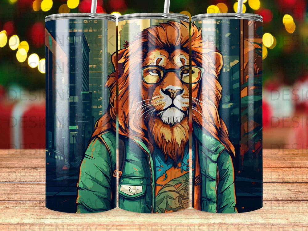 Lion wearing glasses and a jacket, depicted on three cylindrical tumblers.