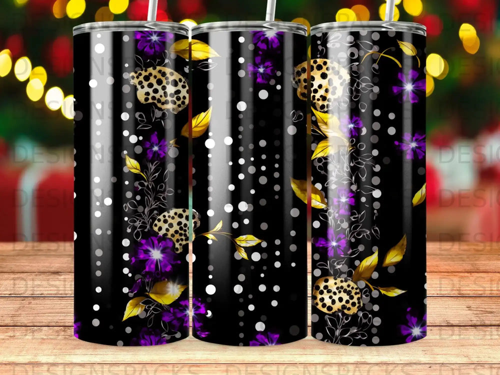 Black tumbler with leopard print, purple flowers, and gold leaves.