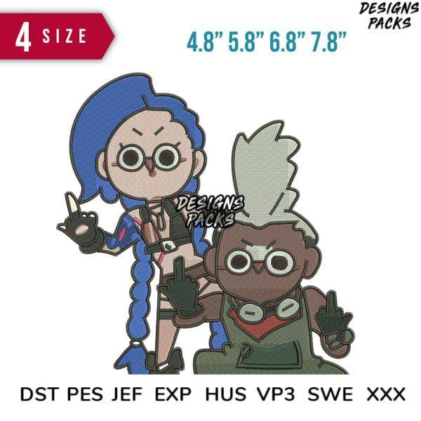 Chibi-style embroidery design with blue-haired girl and owl character, available in multiple sizes and formats.