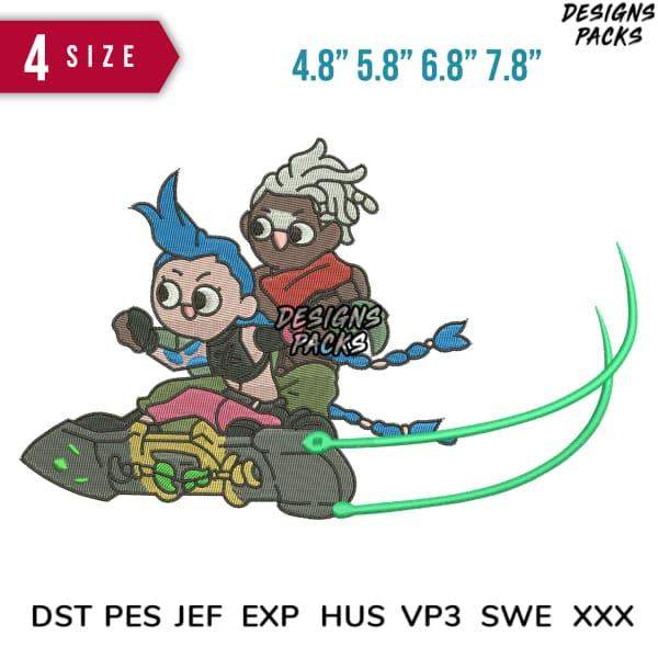 Embroidery design of two cartoon characters on a rocket, available in 4 sizes and multiple formats.