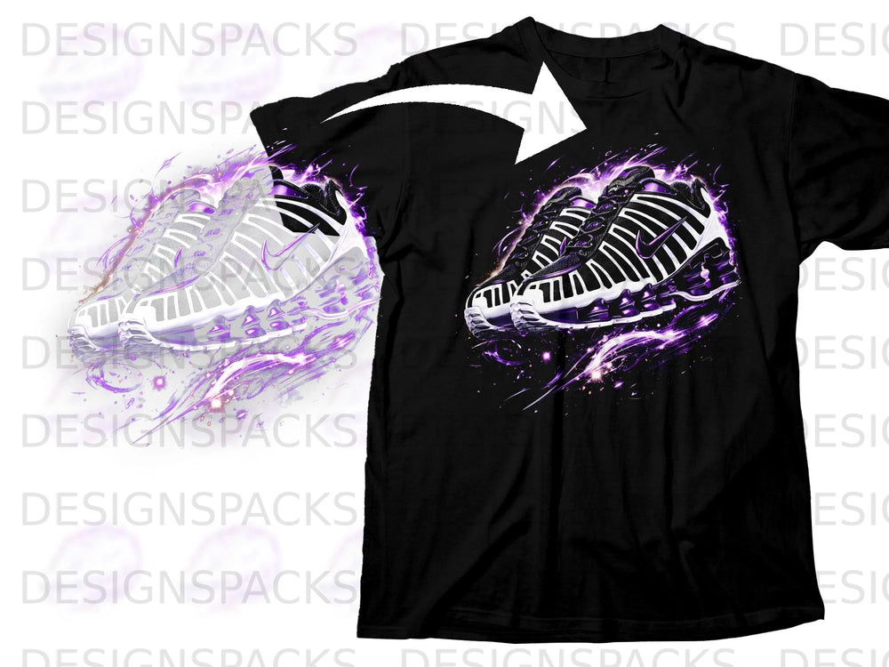 Black t-shirt featuring a graphic of white sneakers with purple lightning accents.