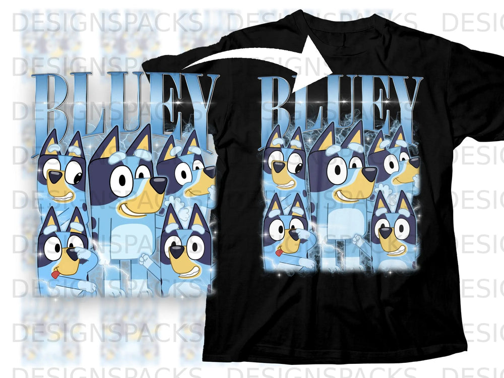 Bluey characters on a black t-shirt with "BLUEY" text and lightning background.